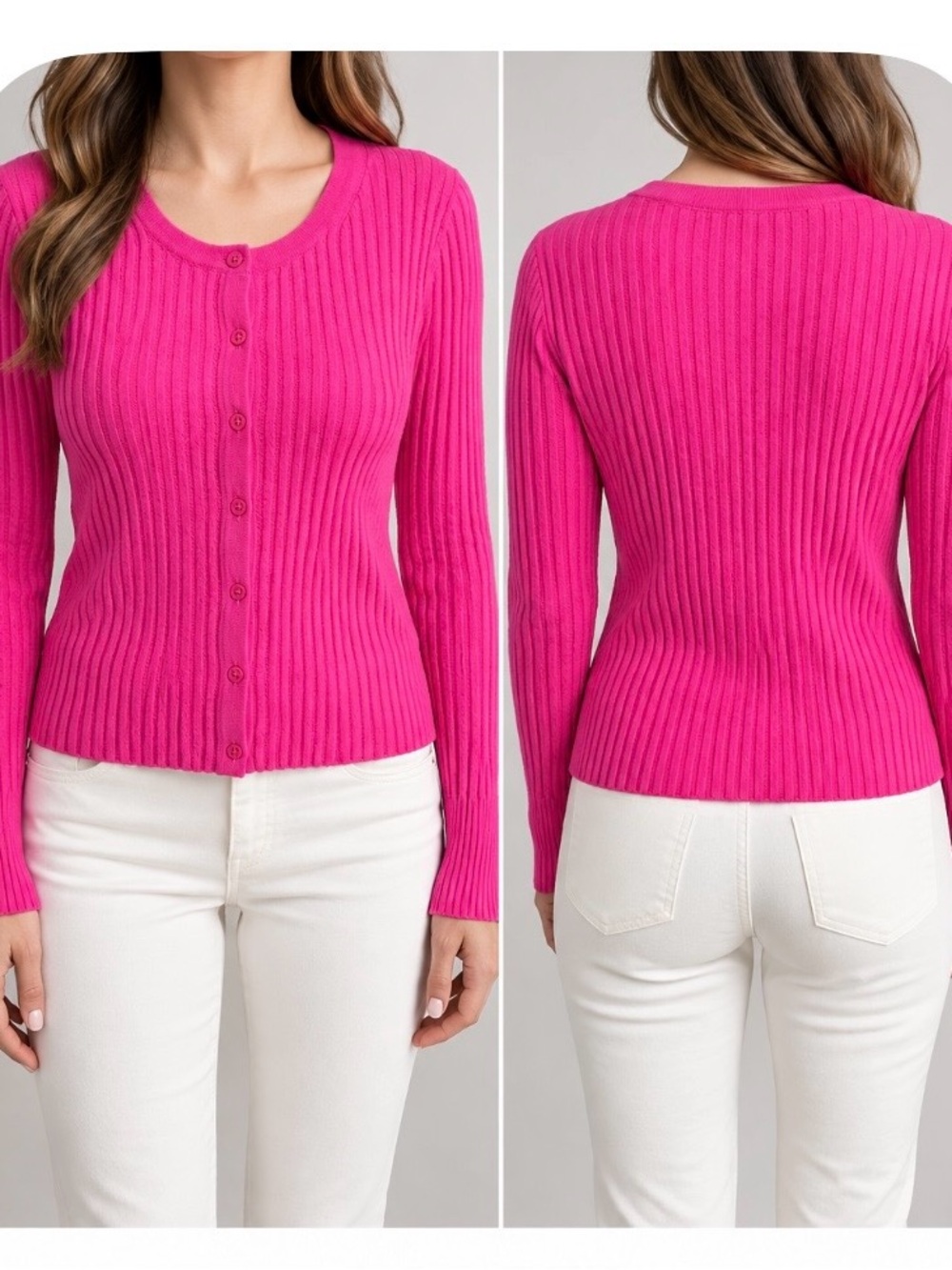 Ribbed Button-Front Women's Sweater Cardigan - Hot Pink 100% Cashmere Size S